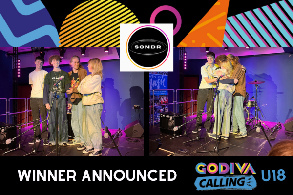 image of godiva calling u18 band winners - Sondr - on stage celebrating