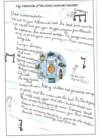 children's written and illustrted feedback from cultural cantata 2022