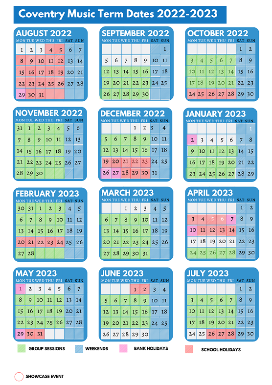 Colourful calendar showing term dates for music groups for 2022-23
