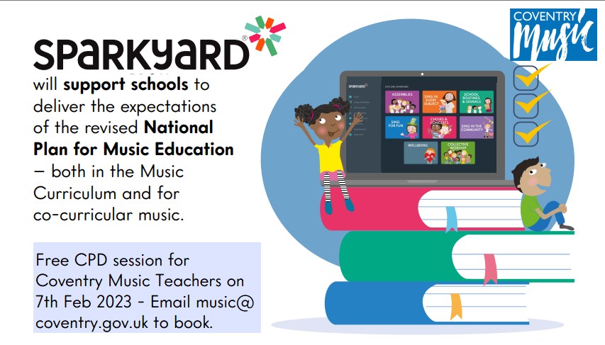 Sparkyard CPD session information with image of children sitting on a stack of books