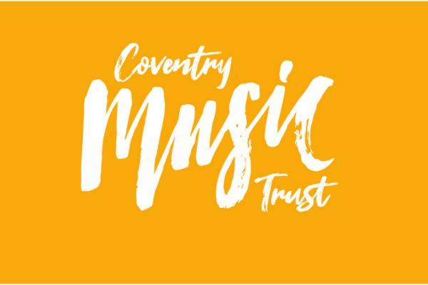 white coventry music trust text on a yellow background