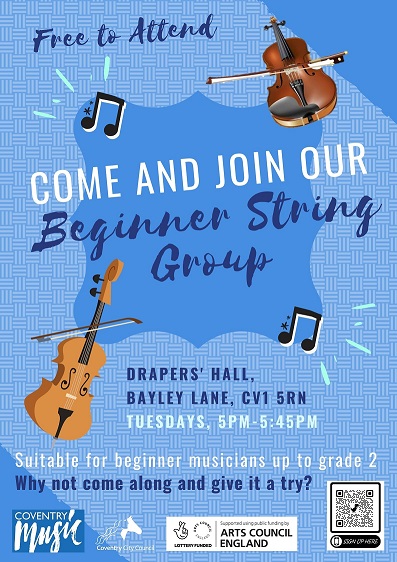 String group flyer with violin instruments on a blue background