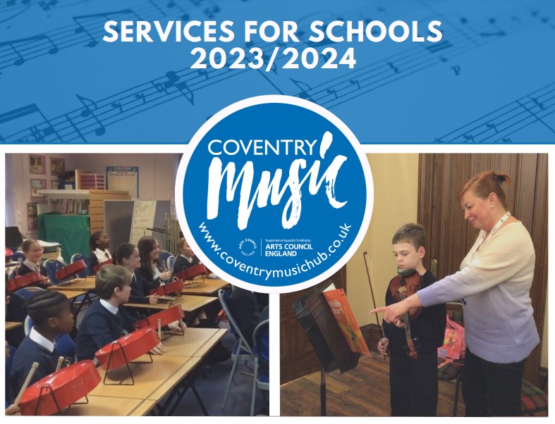 Coventry Music logo with children playing and being taught musical instruments