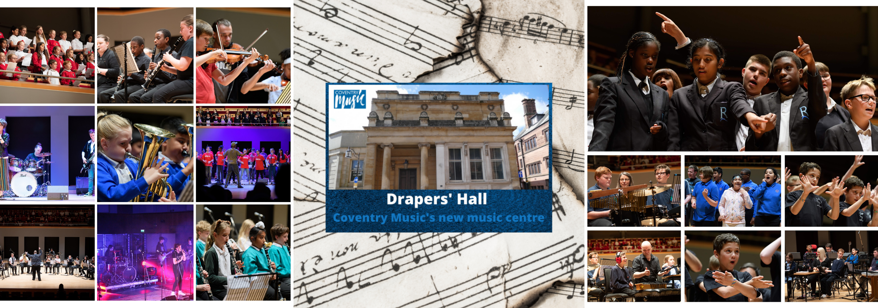 website banner image witgh lots of images of children playing and Drapers' Hall image