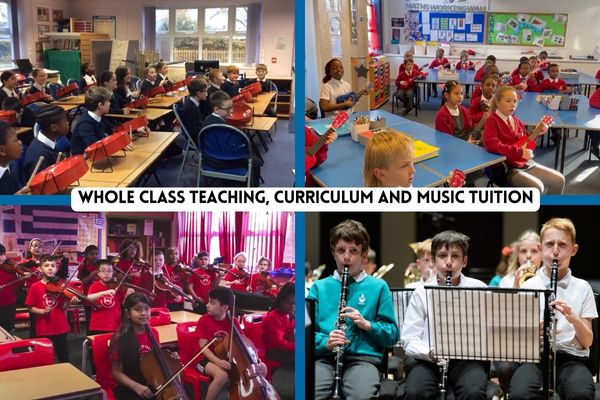 multiple images of children learning music in a whole class environment